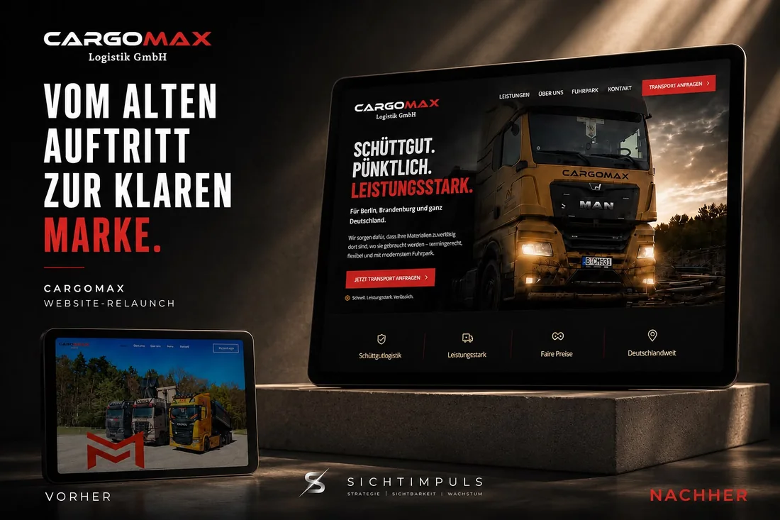CargoMax Website-Relaunch: der alte Auftritt auf dem Tablet im Vergleich zum neuen Auftritt auf dem Laptop