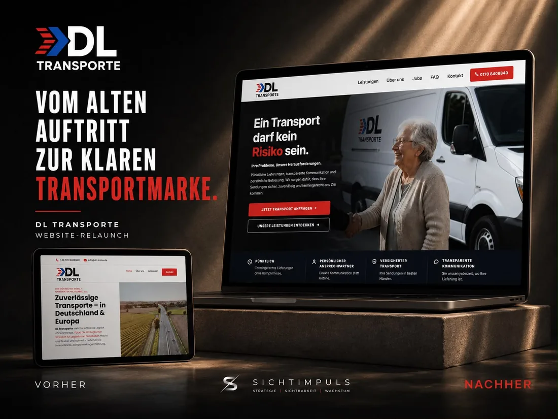 DL Transporte Website-Relaunch: der alte Auftritt auf dem Tablet im Vergleich zum neuen Auftritt auf dem Laptop