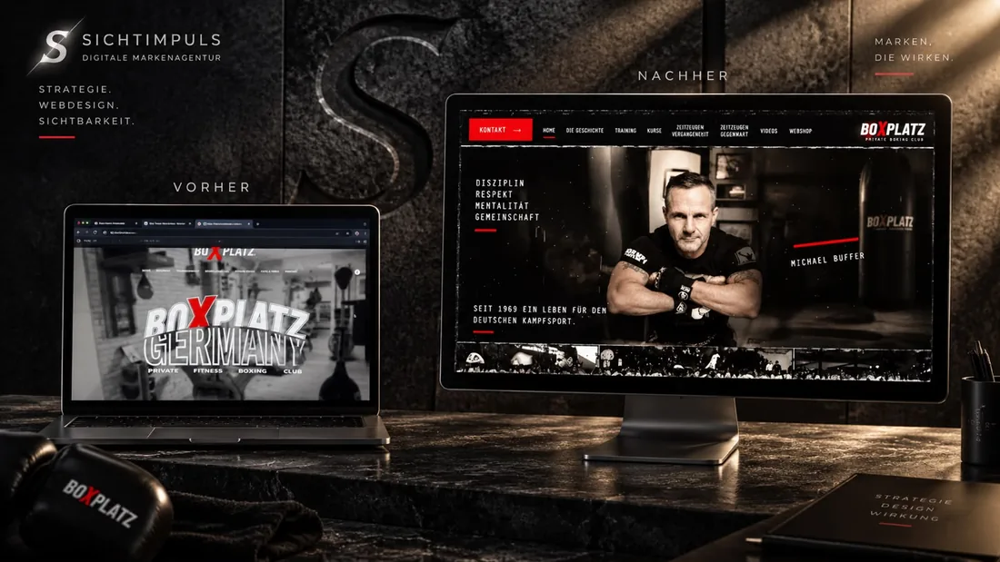 Boxplatz Website-Relaunch: der alte Auftritt auf dem Laptop im Vergleich zum neuen Auftritt auf dem Monitor