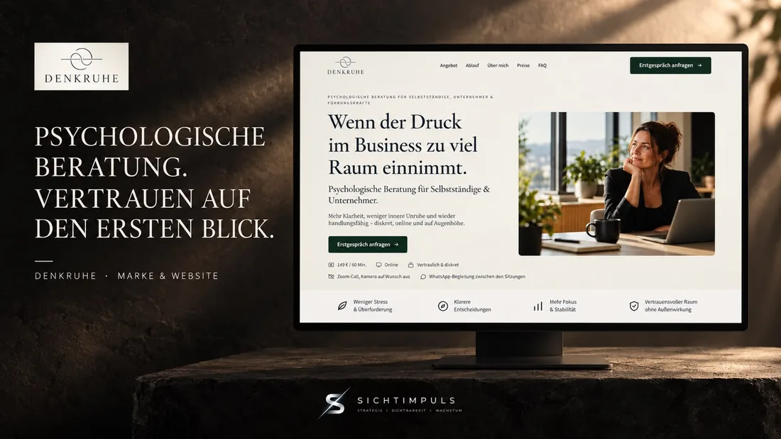 Denkruhe Marke & Website: Logo und neuer Auftritt der psychologischen Beratung auf dem Monitor